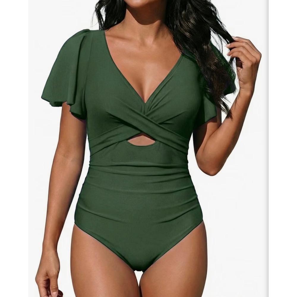 NEW Cupshe Olive Green Flutter Sleeve Twist Front One Piece Swimsuit XL Summer